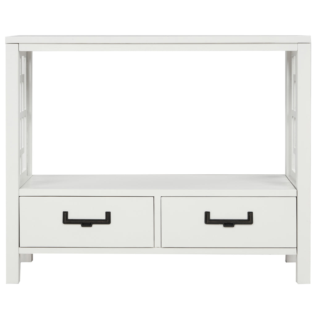 White Smoke Farmhouse Console Sofa Table with Two Bottom Drawers for Entryway