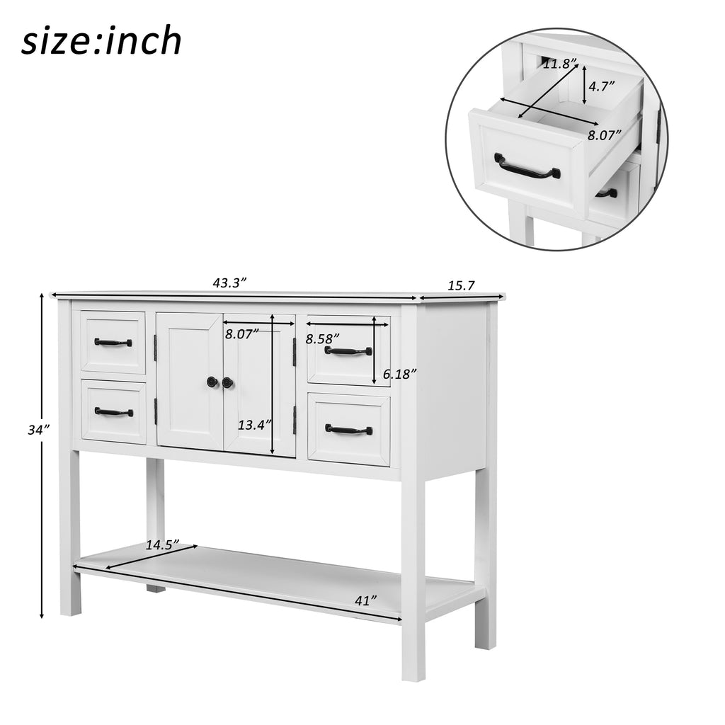 43" Modern Console Table Sofa Table for Living Room with 4 Drawers, 1 Cabinet and 1 Shelf White - Size