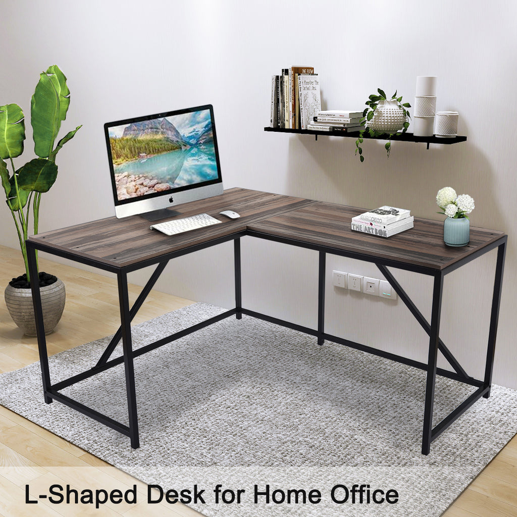 Dark Gray L-Shaped Computer Desk with Modern Style and MDF Board Walnut Home Office BH192849