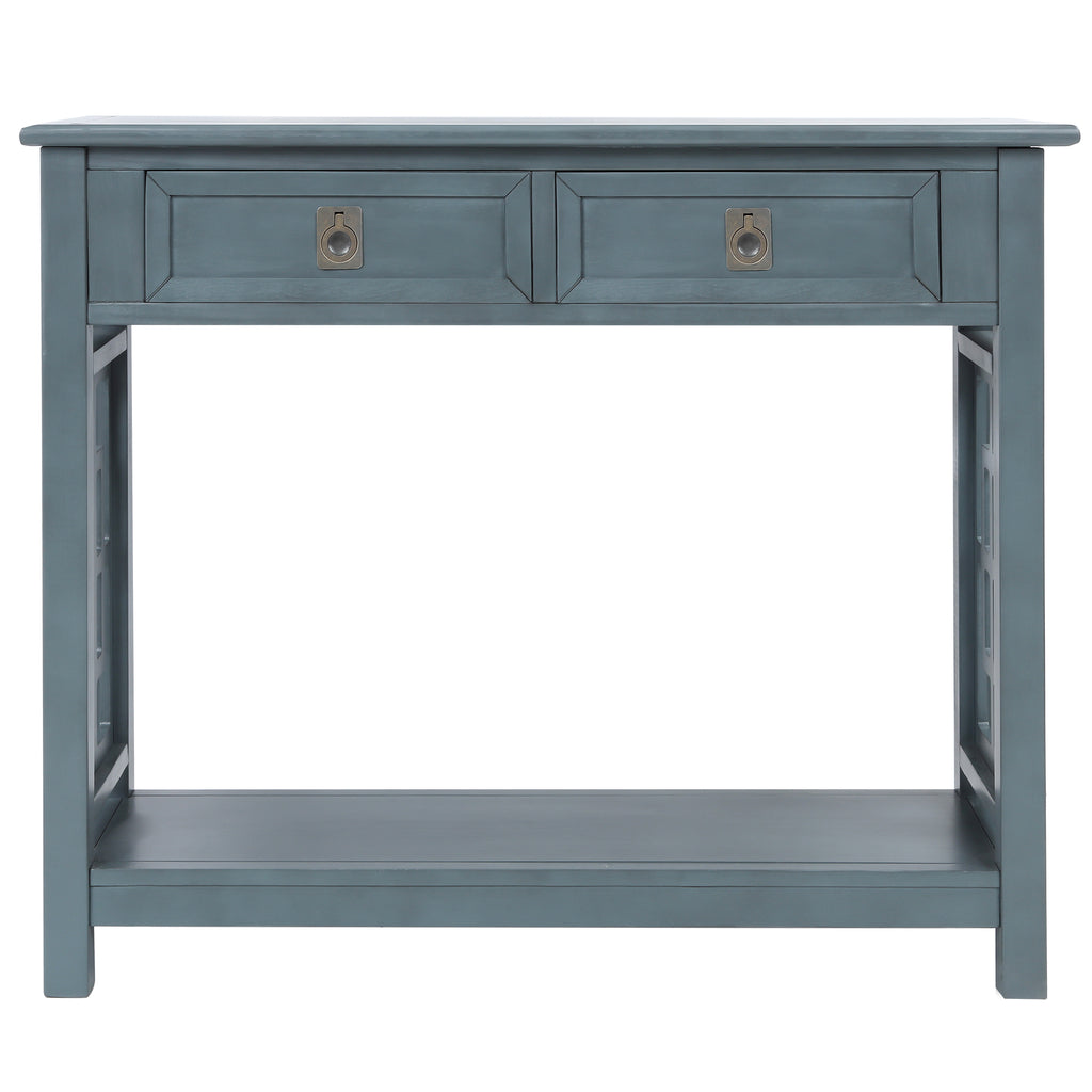 Slate Gray Console Table with 2 Drawers and Bottom Shelf