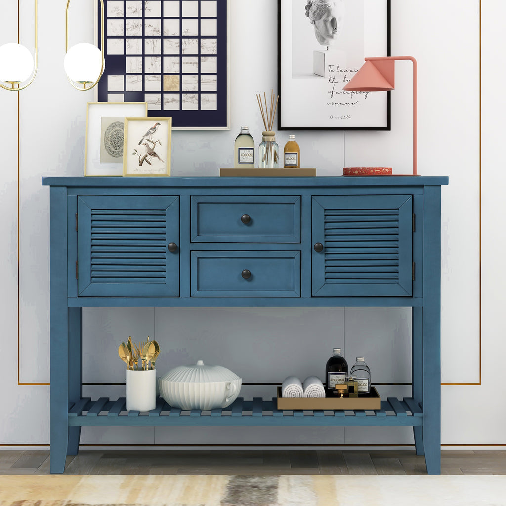Dark Slate Gray Console Table Sideboard with Shutter Doors Two Storage Drawers and Bottom Shelf