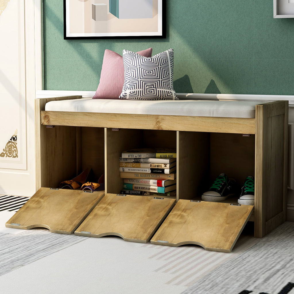 Dark Khaki Storage Bench with Removable Cushion and 3 Flip Lock Storage Cubbies for Living Room  Entryway