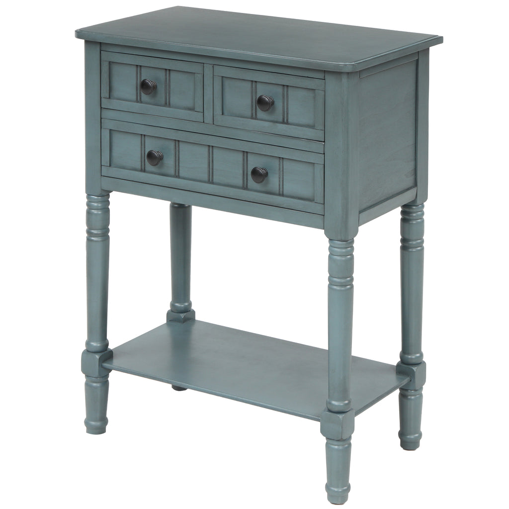 Slate Gray Narrow Console Table with Three Storage Drawers and Bottom Shelf