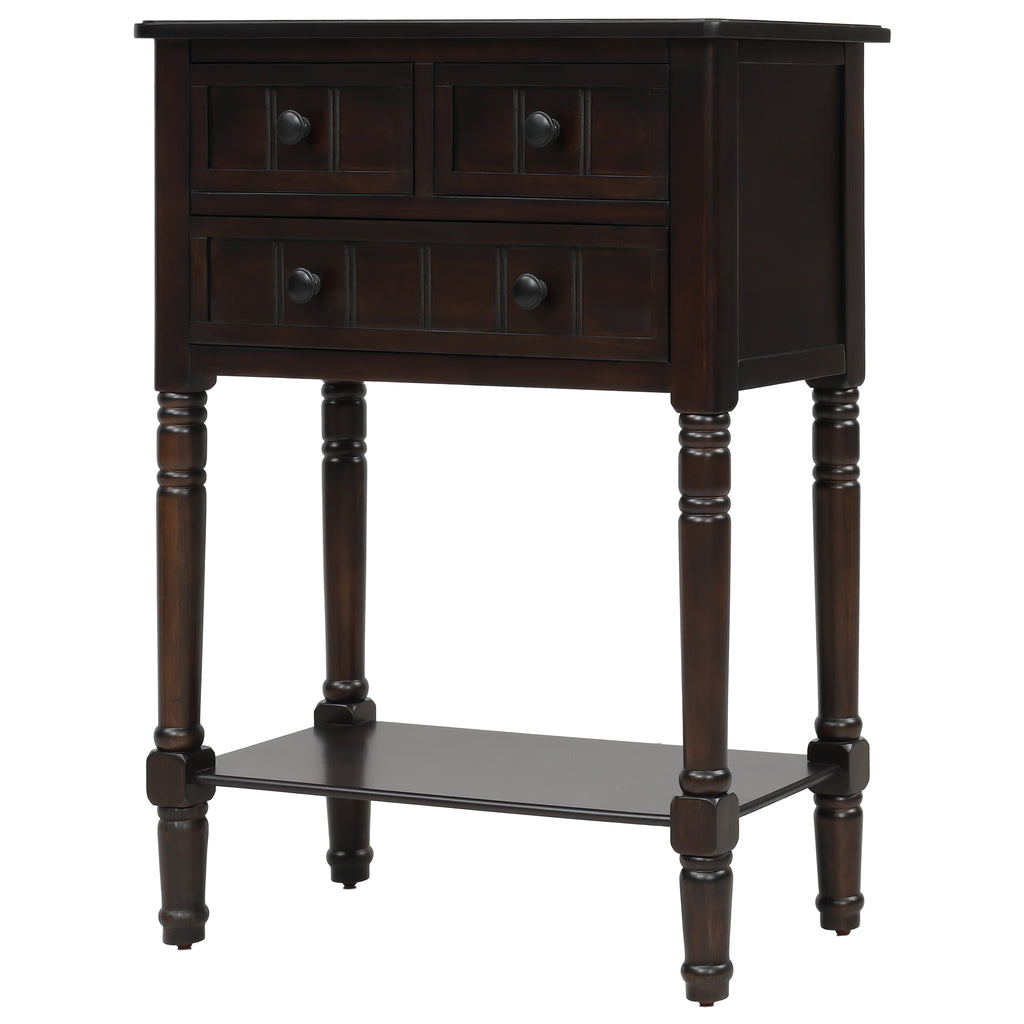 Black Narrow Console Table with Three Storage Drawers and Bottom Shelf