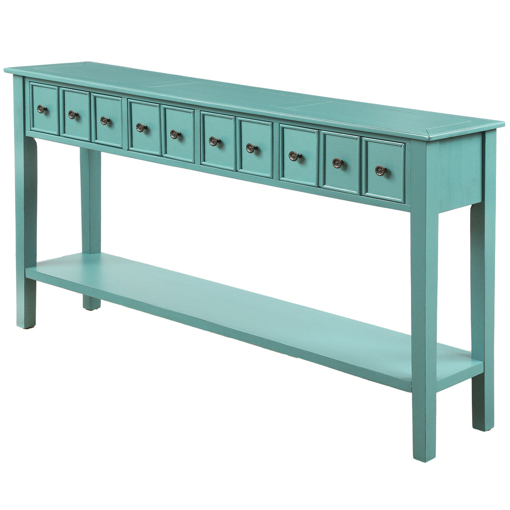 Light Steel Blue 60" Entryway Console Table with Two Different Size Drawers and Bottom Shelf BH191870