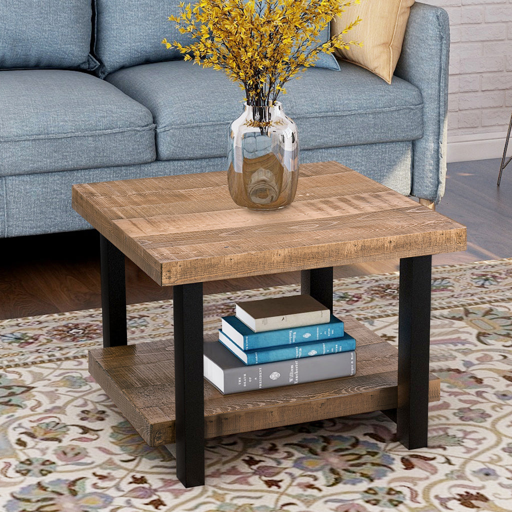 Rosy Brown Rustic Natural Coffee Table with Storage Bottom Shelf 22"x22"