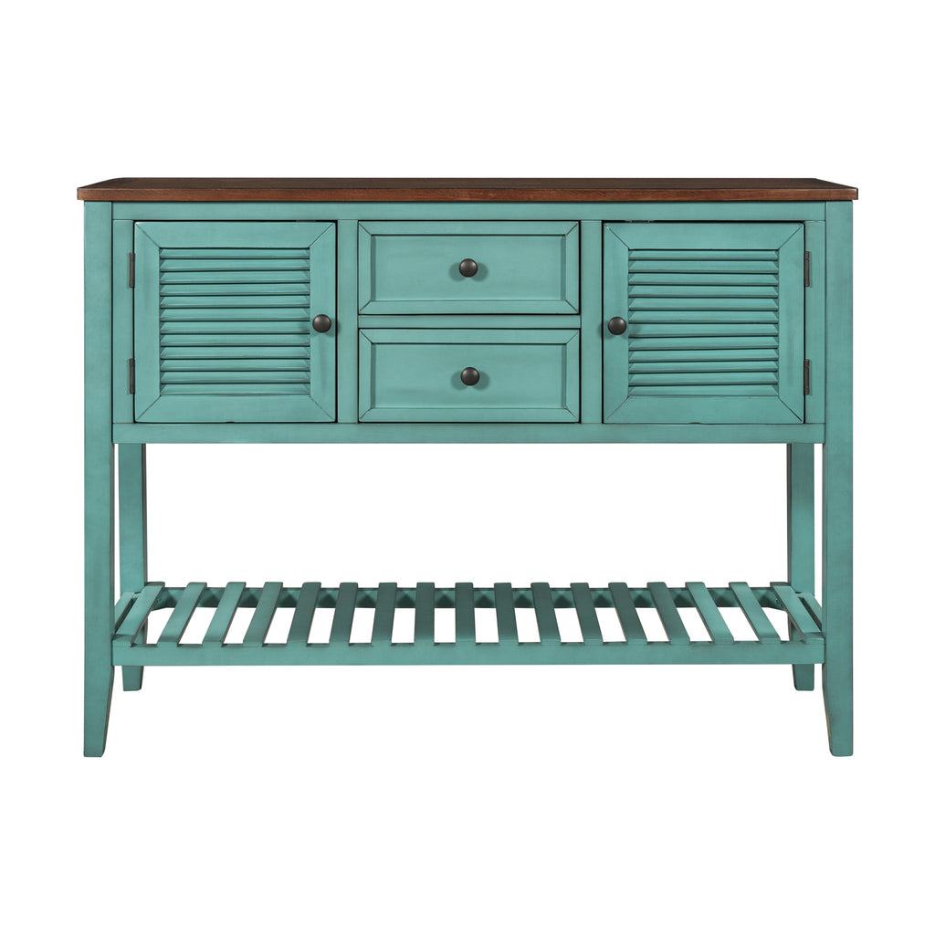 Cadet Blue Console Table Sideboard with Shutter Doors Two Storage Drawers and Bottom Shelf