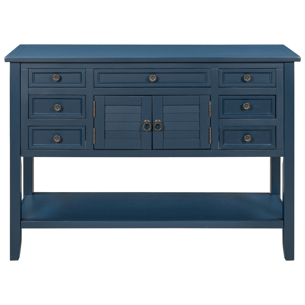 45" Modern Console Table Sofa Table for Living Room with 7 Drawers, 1 Cabinet and 1 Shelf Blue