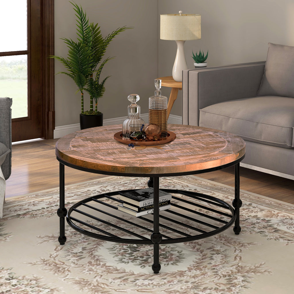 Rosy Brown Round  Rustic Natural Coffee Table with Storage Shelf, Brown