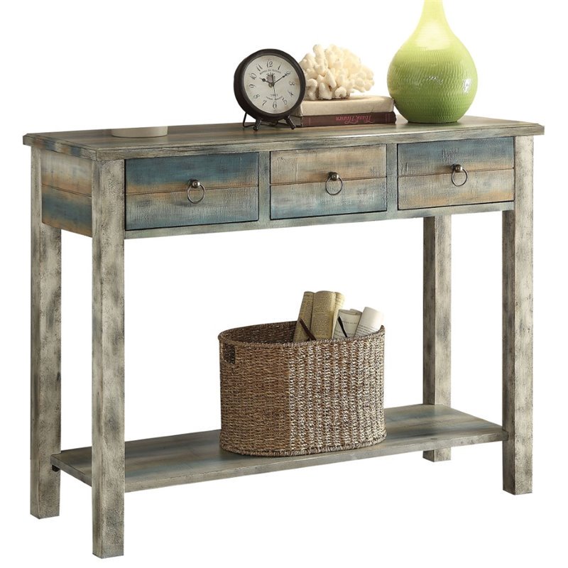 Dark Olive Green Rectangular Console Table With Drawers & Shelf in Antique White & Teal