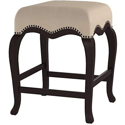 Backless Counter Height Stool w/Nailhead Trim in Cream Fabric & Espresso - 1 Count