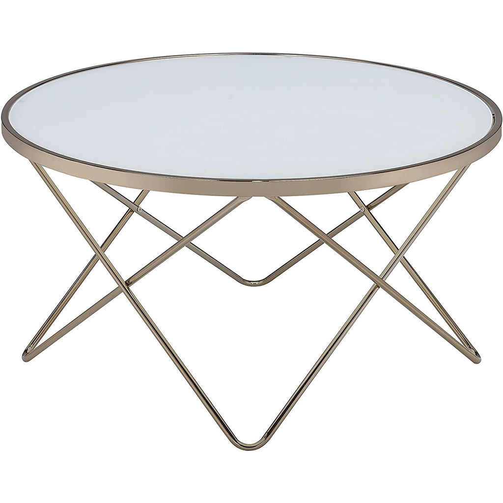 Lavender Round Top Coffee Table Overlapped V-Shape Metal Base