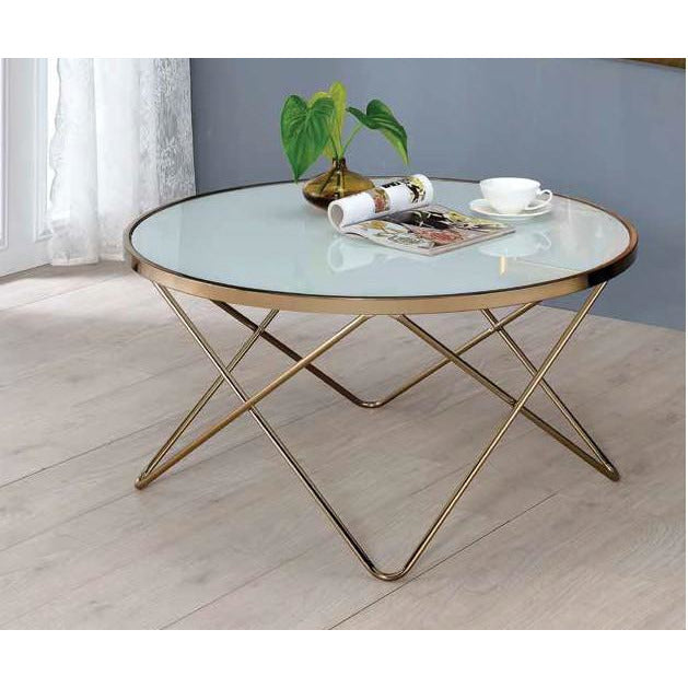 Rosy Brown Round Top Coffee Table Overlapped V-Shape Metal Base