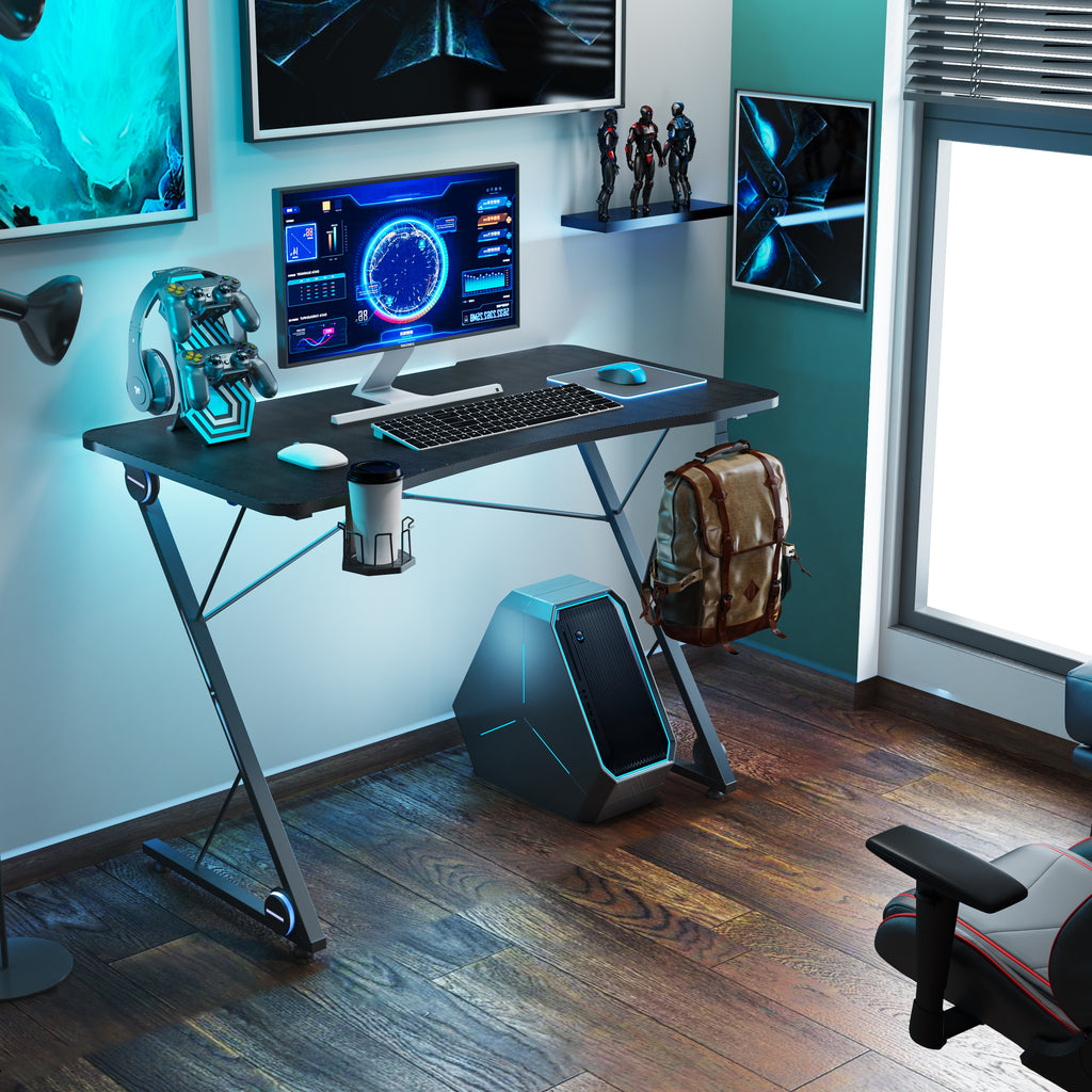 Light Steel Blue Gaming Desk with Headphone Holder, Cup Holder, Game Handles Holder