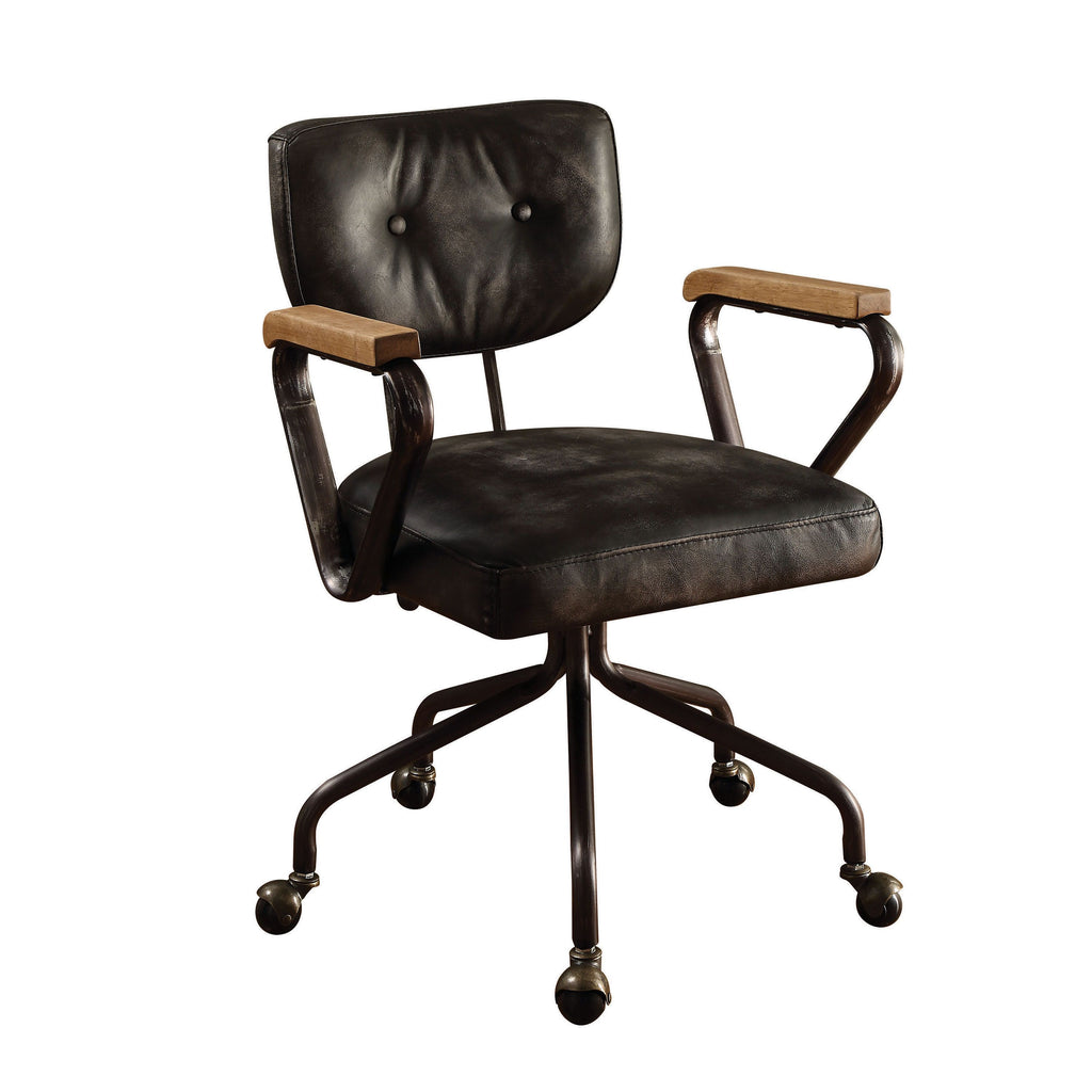 Black Vintage Grain Leather Armrest Office Chair with Swivel Tile