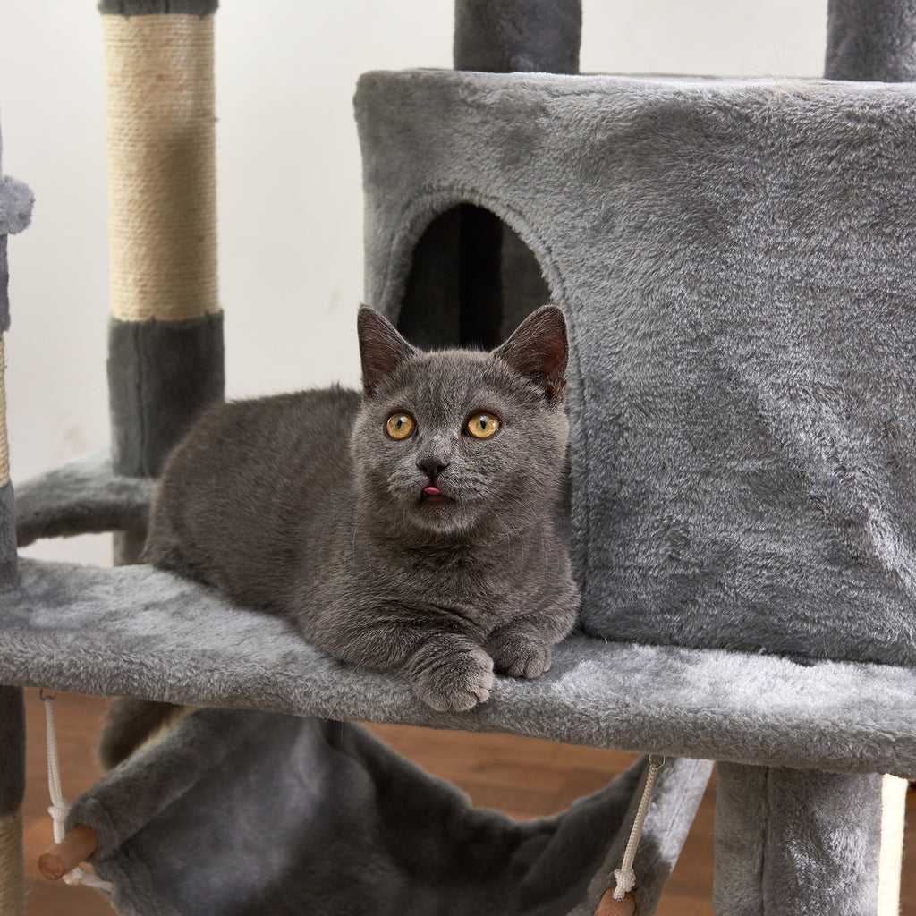 Dark Olive Green 59" H Multi-Level Cat Tree with Flexible Pole Covered with Sisal, Plush Perch, Hammock and Apartment, Cat Tower Furniture-For Cats and Pets_Light Gray