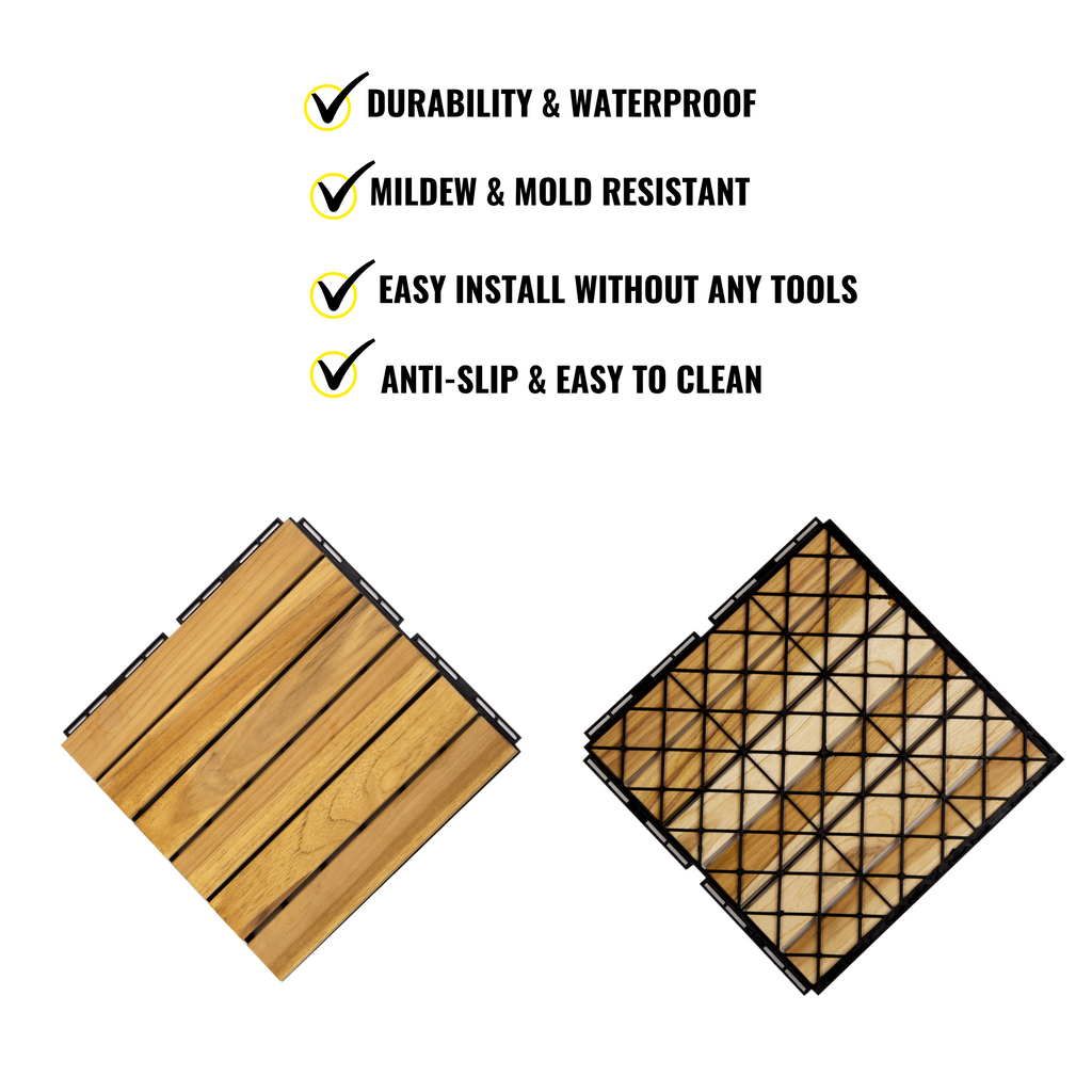 Dark Khaki 12" x 12" Square Teak Wood Interlocking Flooring Tiles Striped Pattern (Pack of 10 Tiles)