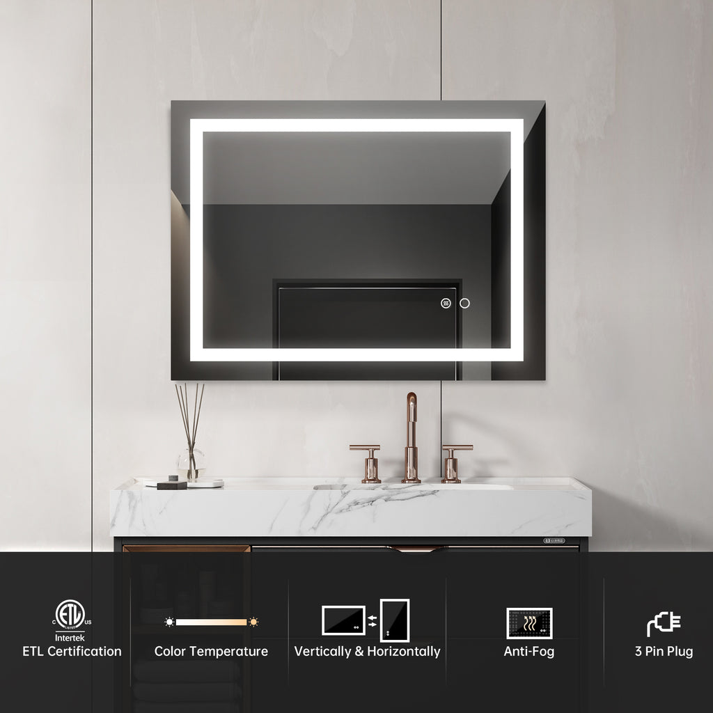 Dark Slate Gray 32*24 LED Lighted Bathroom Wall Mounted Mirror with High Lumen+Anti-Fog Separately Control+Dimmer Function