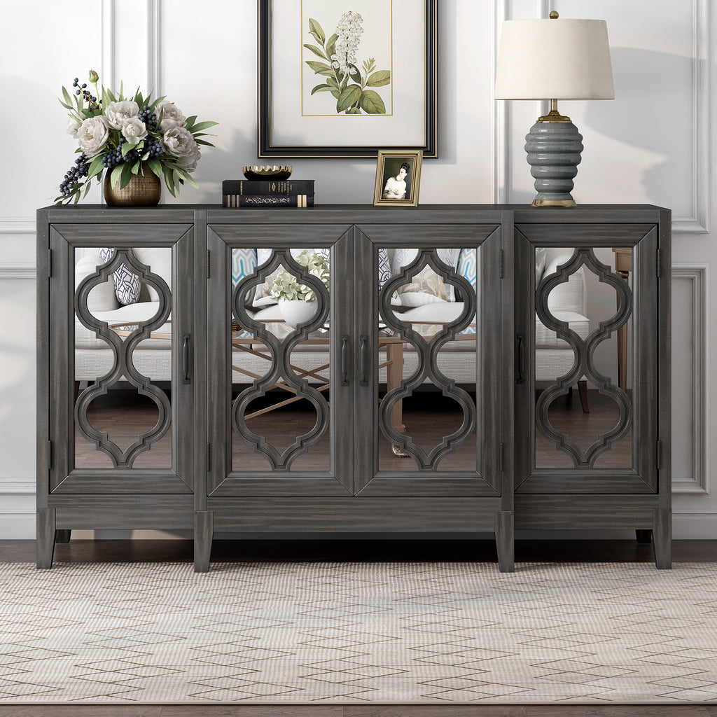 Gray 59.8'' Modern Mirrored Console Table Sideboard for Living Room Dining Room with 4 Cabinets and 3 Adjustable Shelves