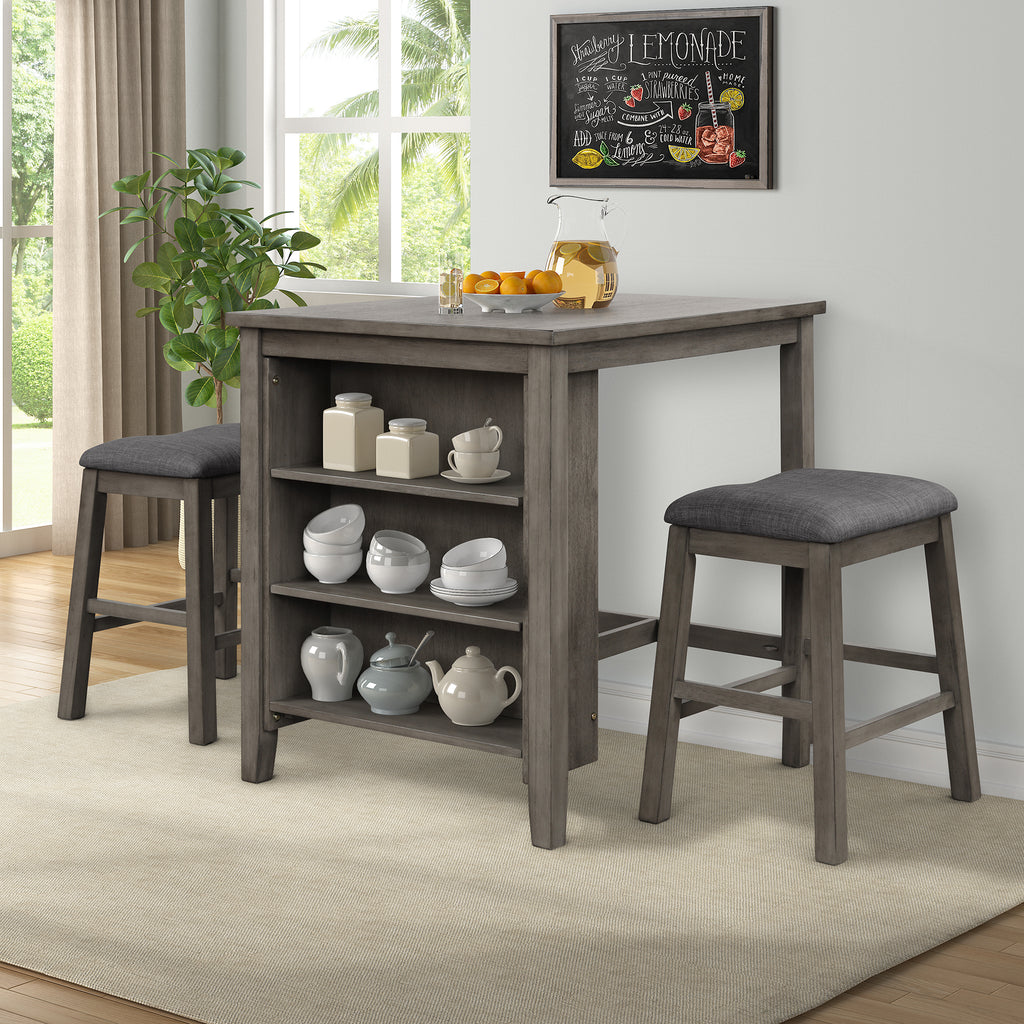 3 Counts - Square Dining Table with Padded Stools, Table Set with Storage Shelf Dark Gray