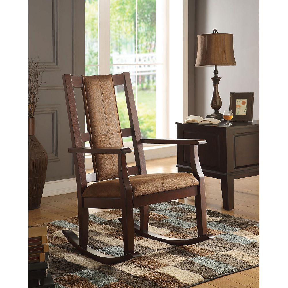 Rosy Brown Upholstery Wooden Rocking Chair Patio Chair Hollow Backrest in Brown Fabric & Espresso