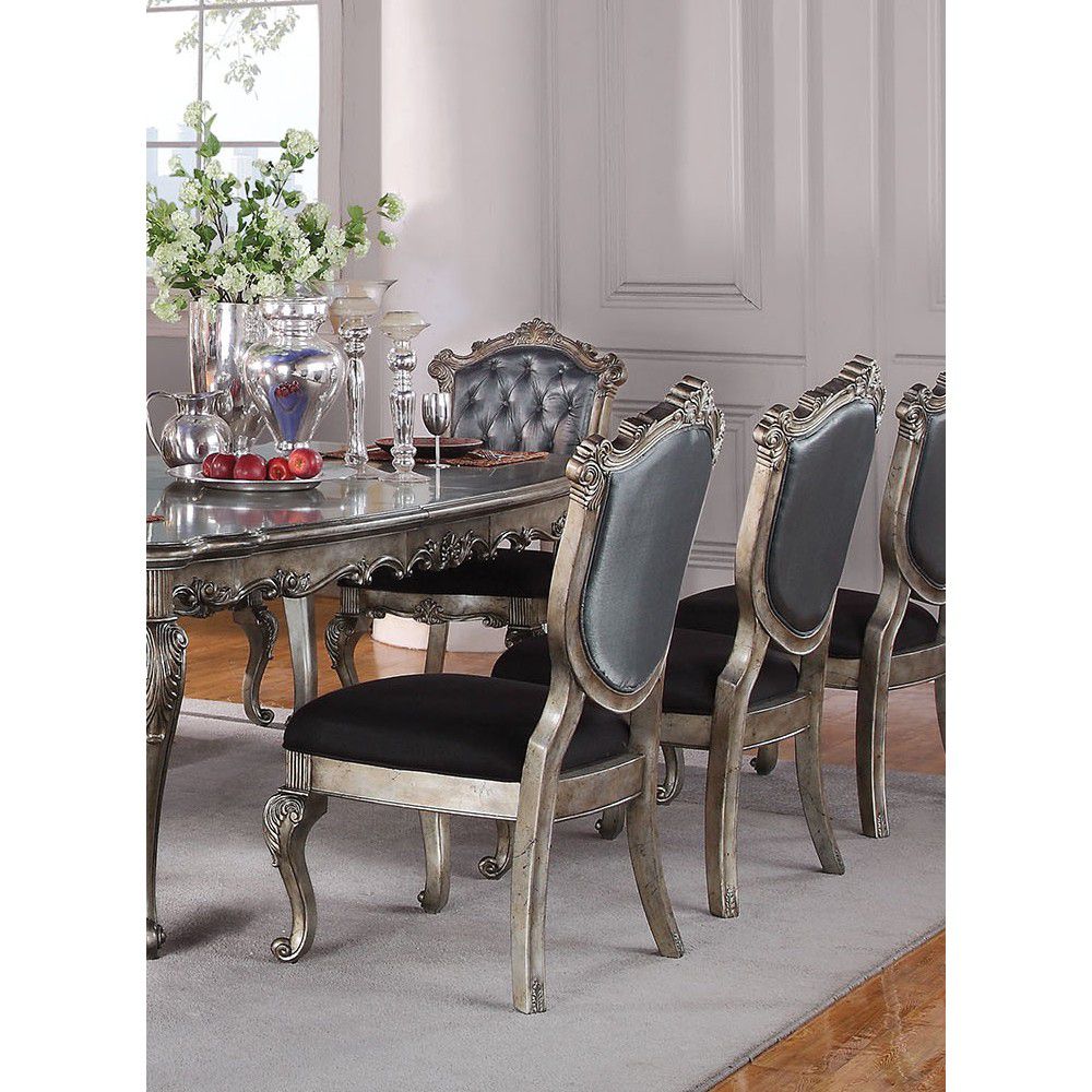 Dim Gray Luxurious Upholstered Tufted Back Dining Side Chairs in Silver Gray Silk-Like Fabric & Antique Platinum - 2 Counts