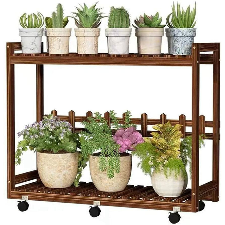Gray 2 Tier Rectangular Pine Wood Plant Stand  with Storage Shelves, 32" H