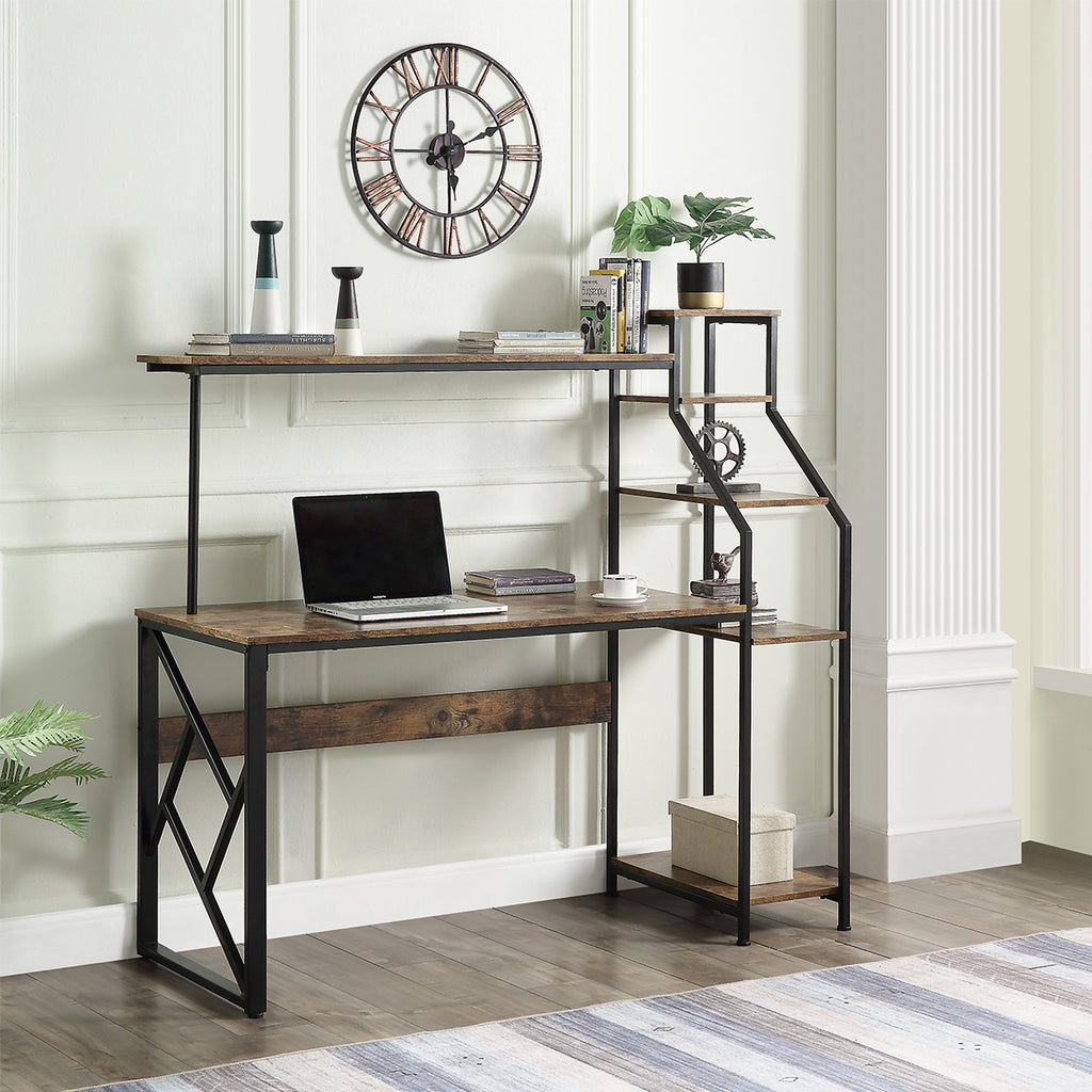 Dark Gray Computer Desk Writing Study Table with Hutch + 5 Tier Bookshelves Brown BH194327