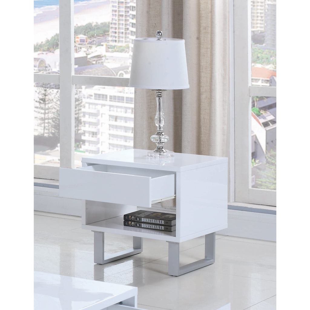 Gray Coaster 1-Drawer U-shaped Legs End Table High Glossy White Light Finish Top