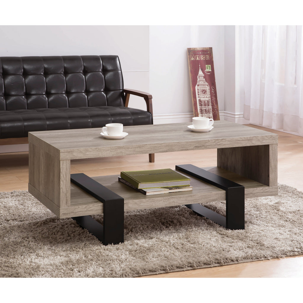 Rosy Brown Natural Wood Coffee Table with Storage Metal Base in Gray