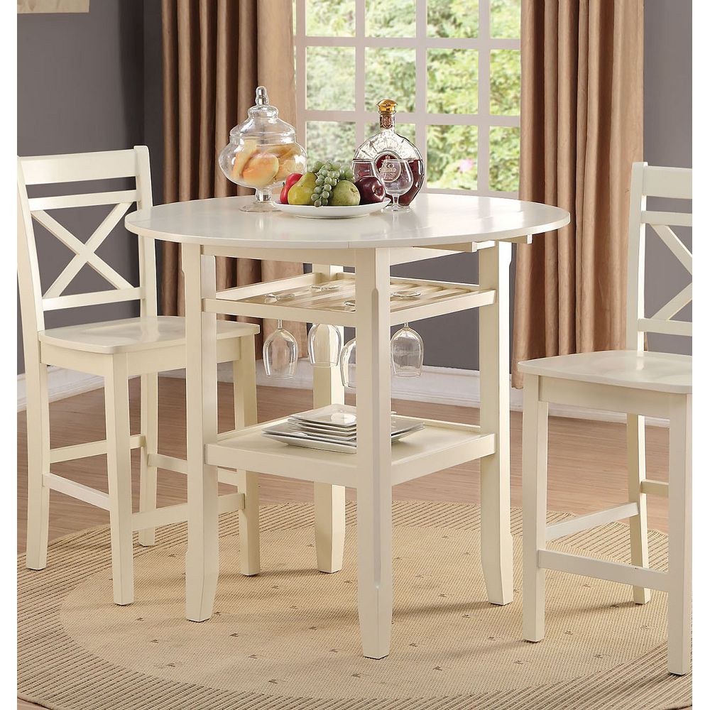 Tan Round Top Wooden Counter Height Table w/2 Drop Leaves & Open Compartment in Cream