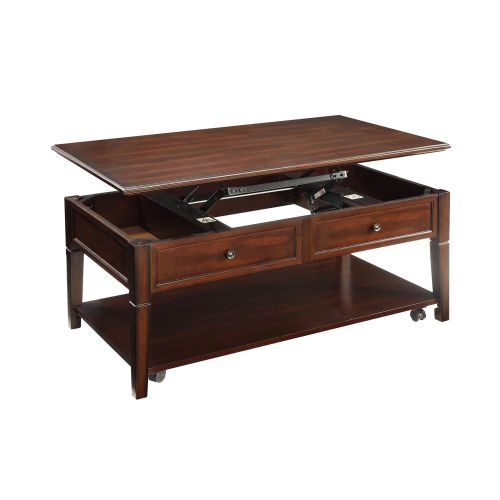Saddle Brown Wooden Coffee Table w/Tapered Leg + Shelf + Caster Wheels in Walnut