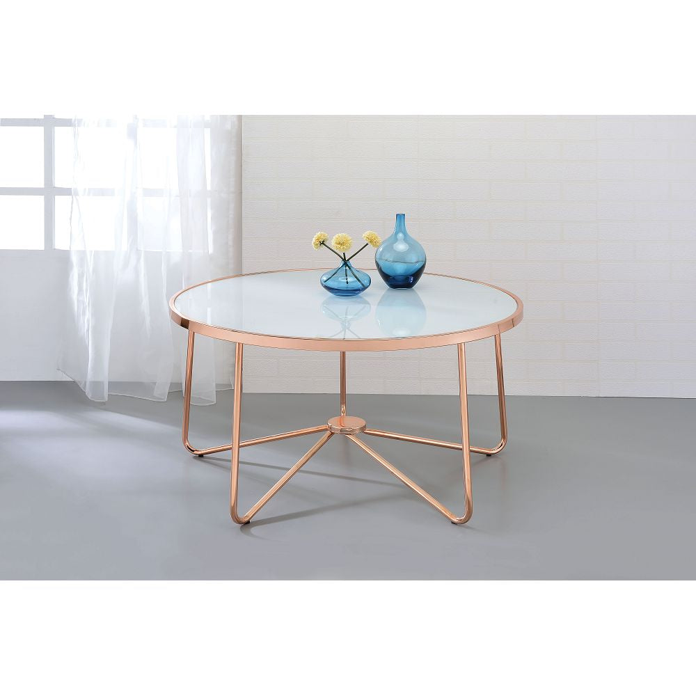 34"D Coffee Table For Living Room With Metal Base in Rose Gold & Frosted Glass