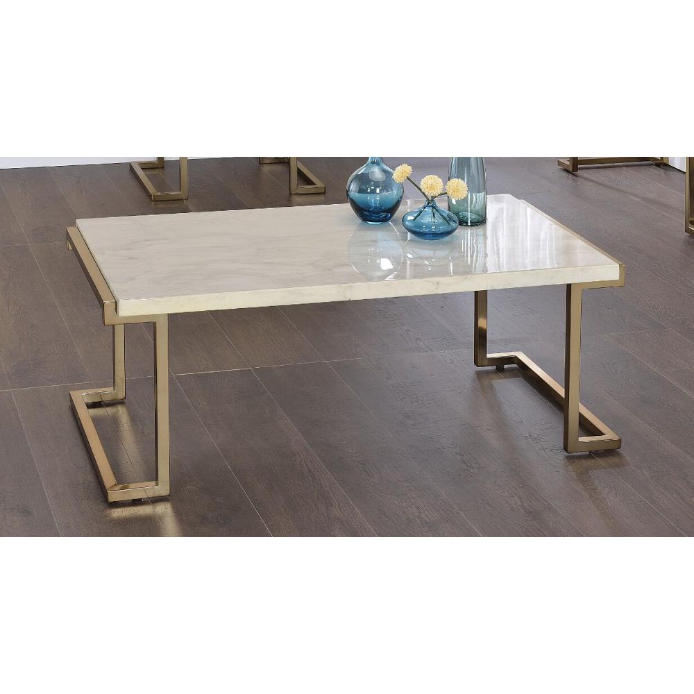 Gray Rectangular Coffee Table For Living Room With Metal Base in Faux Marble & Champagne