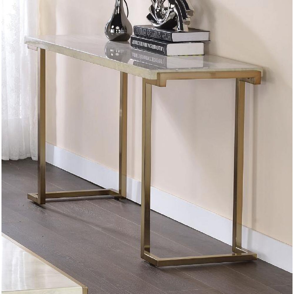 Gray Faux Marble Top Sofa Table With Champagne Metal Base Living Room