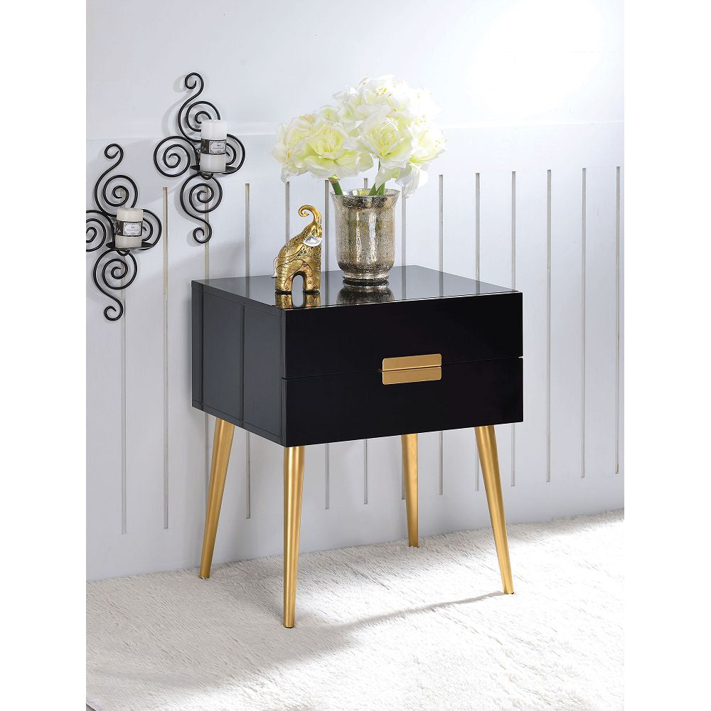 Black Rectangular Night Table With 2 Drawers in Black & Gold