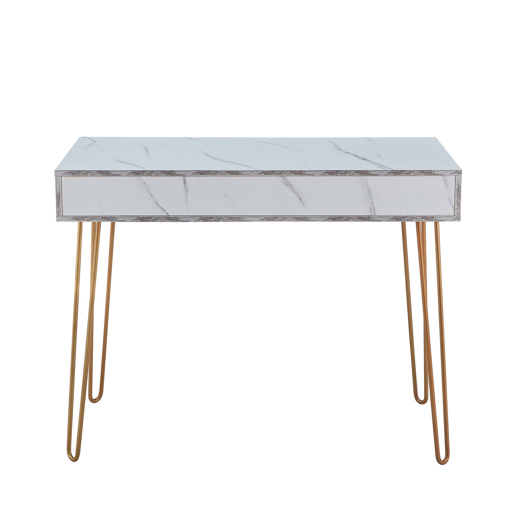 Beauty Table Side End Table Modern Marble MDF Top With Sturdy Gold Metal Legs White
