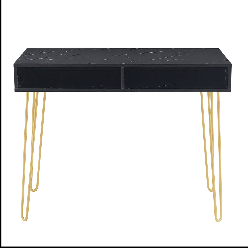 Beauty Table Side End Table Modern Marble MDF Top With Sturdy Gold Metal Legs Black