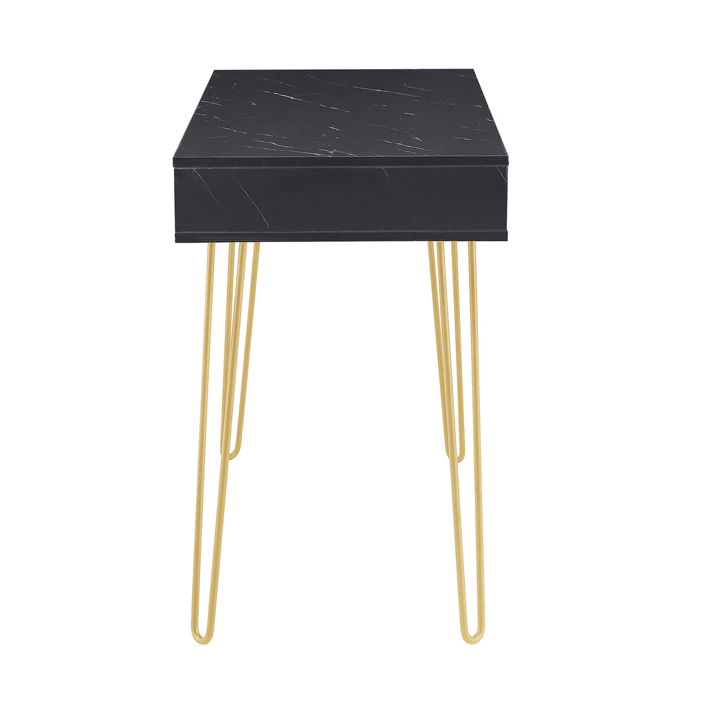 Beauty Table Side End Table Modern Marble MDF Top With Sturdy Gold Metal Legs Black