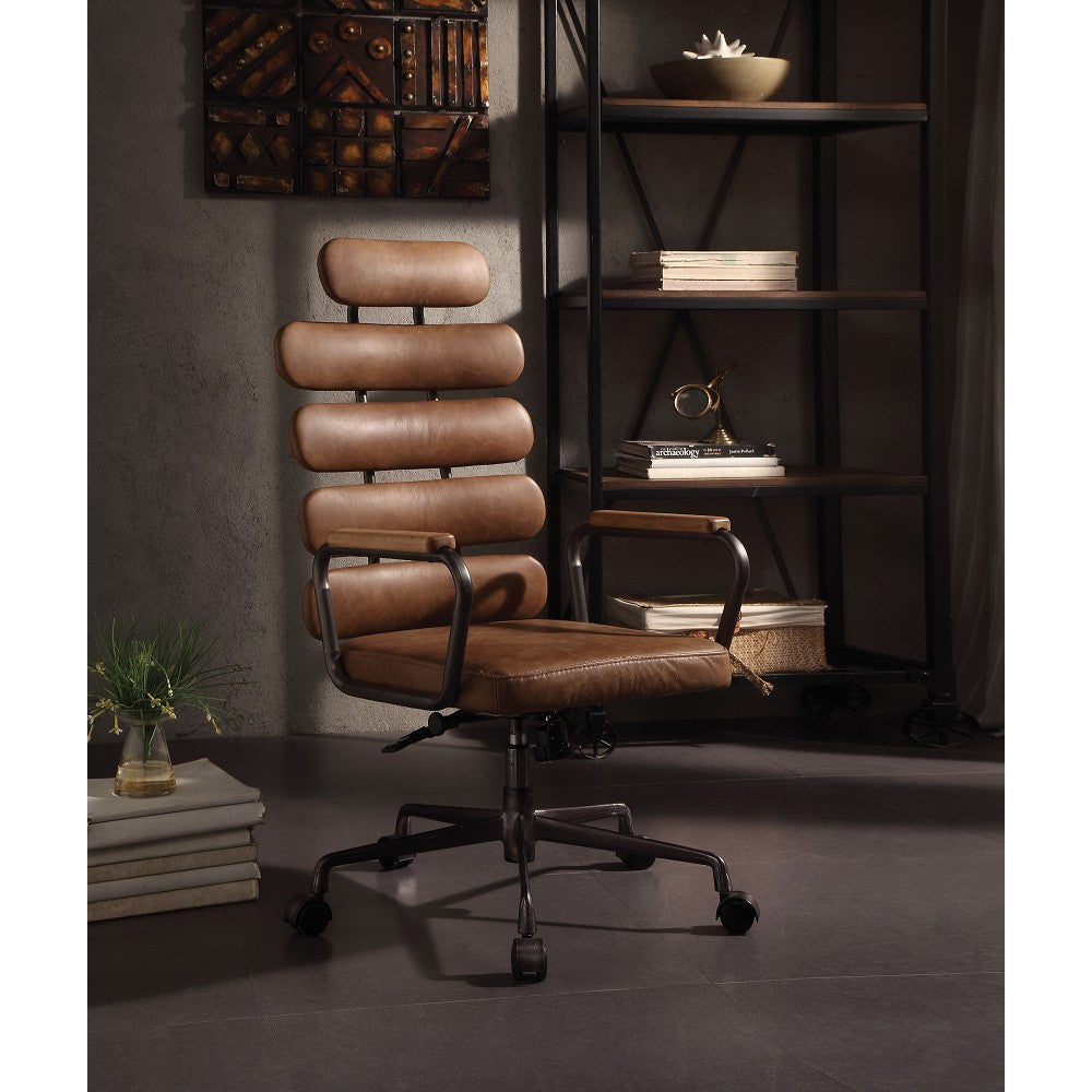 Executive Arm Office Chair High Back With Horizontal Panels in Vintage Brown Top Grain Leather