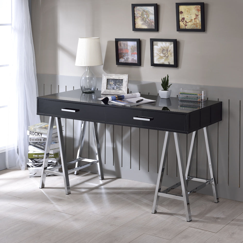 Rectangular Writing Desk w/Metal Sawhorse Base Black High Gloss & Chrome