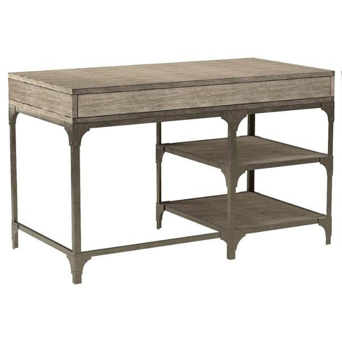 Rectangular Writing Desk With 3 Drawers & 2 Shelves in Weathered Oak & Antique Silver