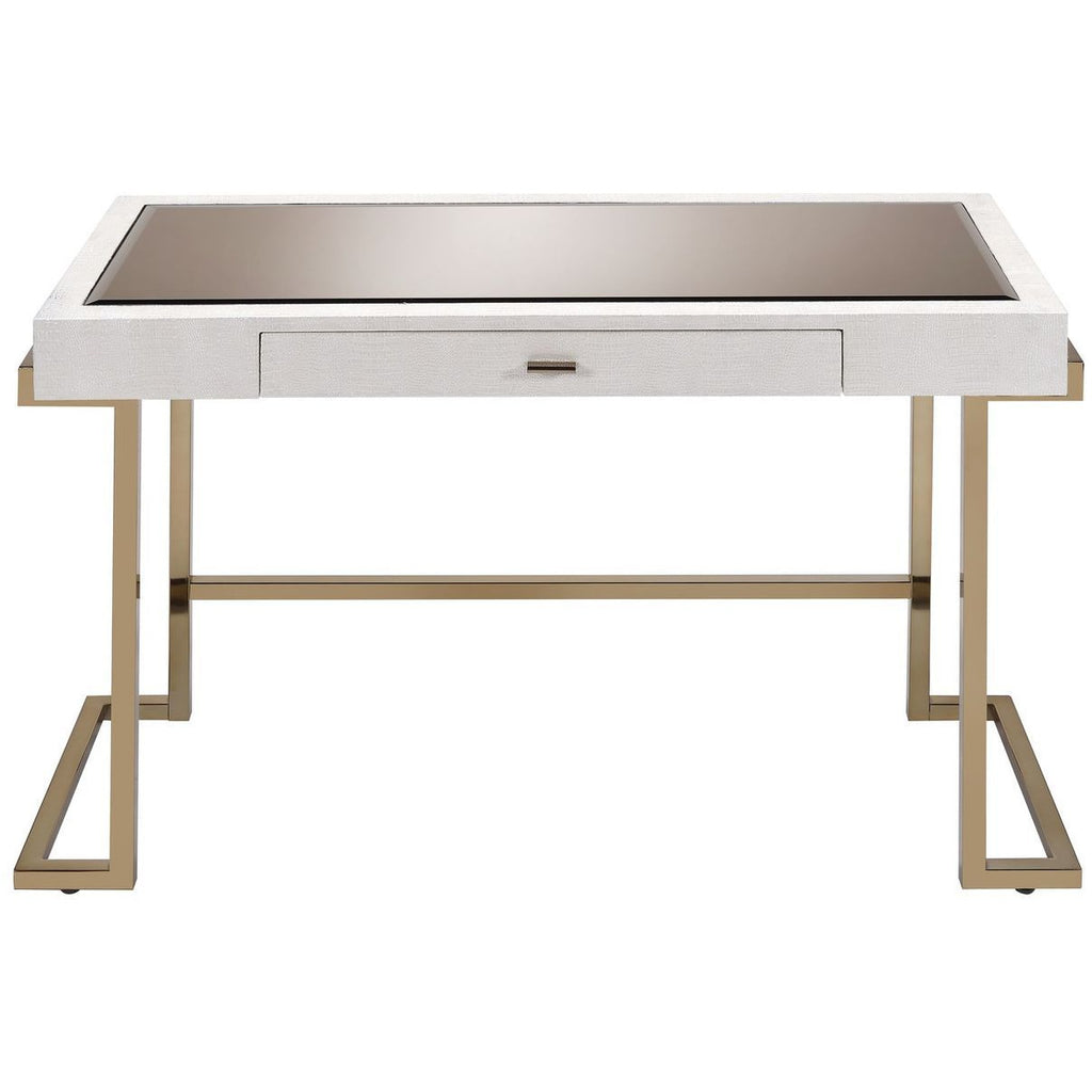 Rectangular Writing Desk With Metal Sled Base in White PU & Champagne