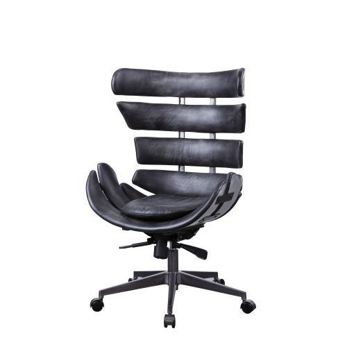 Dark Slate Gray Armless Executive Office Chair Swivel Seat with 360 Degrees in Vintage Black Top Grain Leather & Aluminum
