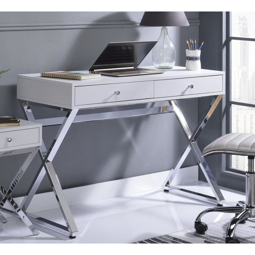 "X" Shape Legs Desk With 2 Drawers White