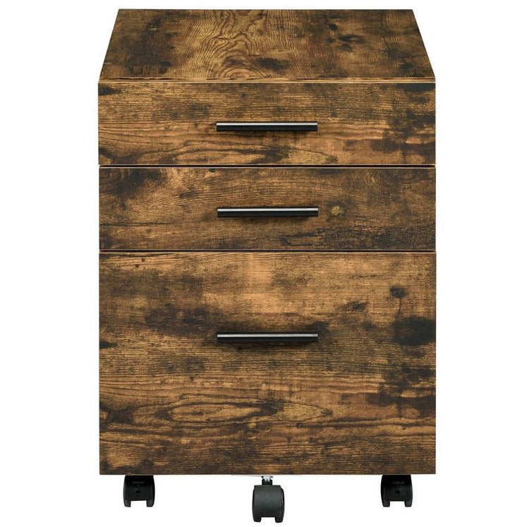 Rectangular Wooden File Cabinet w/3 Drawers + Rolling Caster Leg Weathered Oak