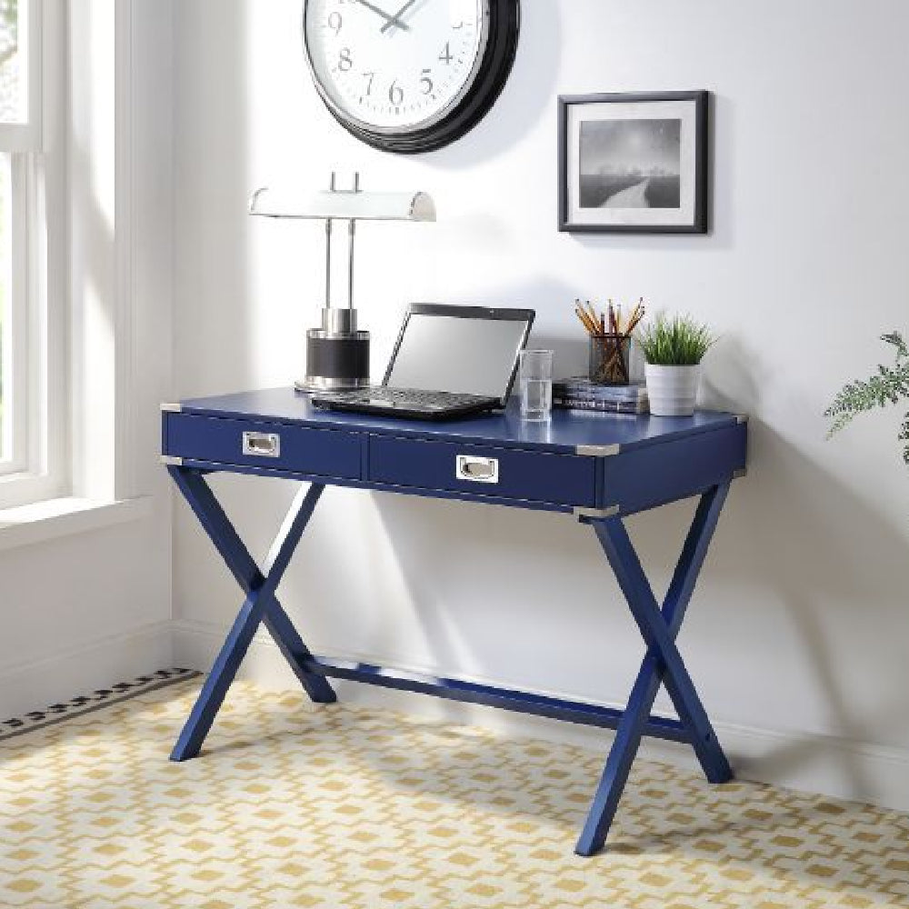2-Drawer Rectangular Wooden Writing Desk With X-shaped Leg Navy Blue