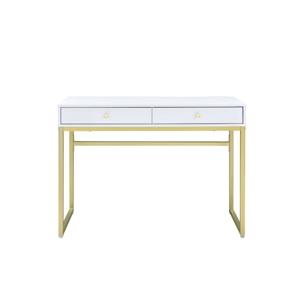Built-in USB Port and Plug Writing Desk With 2 Storage Drawers & Metal Base White & Brass
