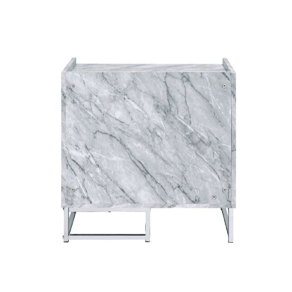 Azrael Accent Table w/1 Storage Drawer & 1 Open Storage White Printed Faux Marble & Chrome Finish BH97865