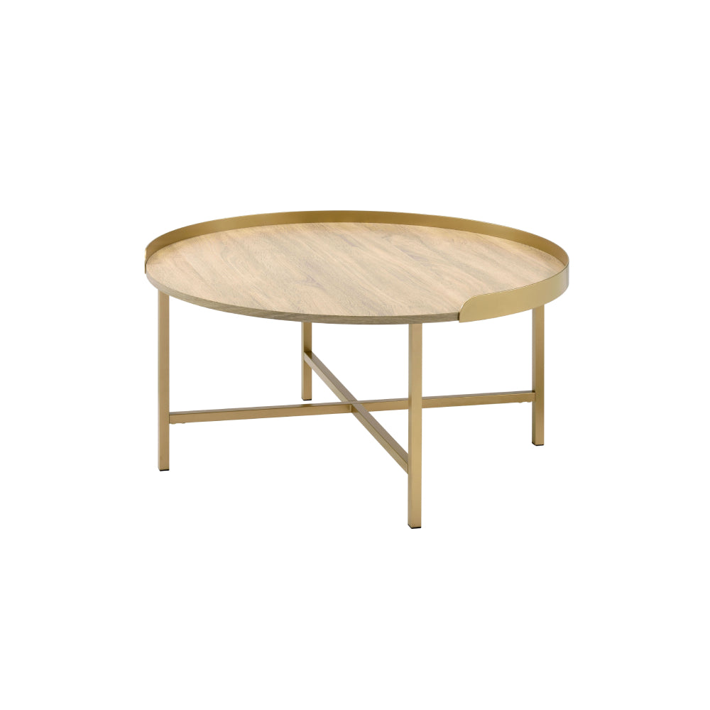 Round Tray Style Top Coffee Table With Cross Bar Styled Metal Base Oak & Gold Finish BH82335